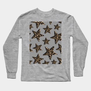 Leopard Print Stars on Grey Long Sleeve T-Shirt